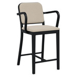 Navy Outdoor Officer Bar / Counter Stool with Arms - Black Powder Coated Aluminum / Sunbrella Heritage Papyrus