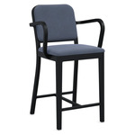 Navy Outdoor Officer Bar / Counter Stool with Arms - Black Powder Coated Aluminum / Sunbrella Heritage Sky