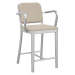 Navy Outdoor Officer Bar / Counter Stool with Arms - Hand Brushed Aluminum / Sunbrella Heritage Papyrus