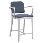 Navy Outdoor Officer Bar / Counter Stool with Arms - Hand Brushed Aluminum / Sunbrella Heritage Sky