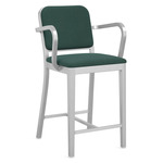 Navy Outdoor Officer Bar / Counter Stool with Arms - Hand Brushed Aluminum / Sunbrella Heritage Alpine