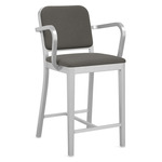 Navy Outdoor Officer Bar / Counter Stool with Arms - Hand Brushed Aluminum / Sunbrella Heritage Slate