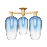 Brookhaven Flute Triple Semi Flush Ceiling Light - Brushed Brass / Brookhaven Sapphire