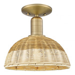 Natural Ballston Small Dome 716 Semi Flush Ceiling Light - Brushed Brass / Natural Duo Fiber