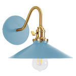 Uno Curved Arm Wide Cone Wall Sconce - Brushed Brass / Light Blue