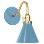 Uno Curved Arm Narrow Cone Wall Sconce - Brushed Brass / Light Blue