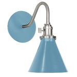 Uno Curved Arm Narrow Cone Wall Sconce - Brushed Nickel / Light Blue
