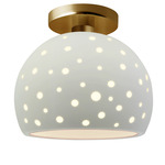 Perforated Globe Semi Flush Ceiling Light - Brushed Brass / Matte White