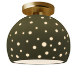 Perforated Globe Semi Flush Ceiling Light - Brushed Brass / Matte Green
