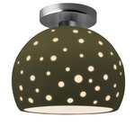 Perforated Globe Semi Flush Ceiling Light - Brushed Nickel / Matte Green