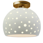 Perforated Globe Semi Flush Ceiling Light - Brushed Brass / Matte White
