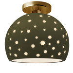Perforated Globe Semi Flush Ceiling Light - Brushed Brass / Matte Green