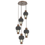 Torno Mandrel Multi Light Chandelier - Burnished Bronze / Smoke Glass / Charcoal Ceramic