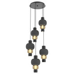 Torno Mandrel Multi Light Chandelier - Matte Black / Bronze Glass / Charcoal Ceramic