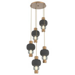 Torno Mandrel Multi Light Chandelier - Novel Brass / Smoke Glass / Charcoal Ceramic