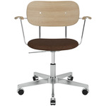 Co Upholstered Seat Office Chair w/ Arms - Polished Aluminum / Natural Oak / Brown Boucle