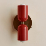 Up Down Wall Sconce - Patina Brass Canopy / Oxide Red Upper Shade