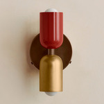 Up Down Wall Sconce - Patina Brass Canopy / Oxide Red Upper Shade