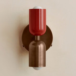 Up Down Wall Sconce - Patina Brass Canopy / Oxide Red Upper Shade