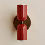 Up Down Slim Wall Sconce - Patina Brass Canopy / Oxide Red Upper Shade