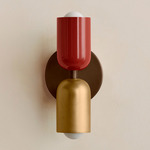 Up Down Slim Wall Sconce - Patina Brass Canopy / Oxide Red Upper Shade