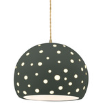 Perforated Globe Beige Twist Cord Pendant - Antique Brass / Pewter Green