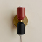 Up Down Plug-In Wall Sconce - Brass Canopy / Oxide Red Upper Shade