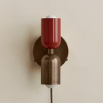 Up Down Plug-In Wall Sconce - Patina Brass Canopy / Oxide Red Upper Shade