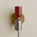 Up Down Plug-In Wall Sconce - Brass Canopy / Oxide Red Upper Shade