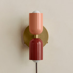 Up Down Plug-In Wall Sconce - Brass Canopy / Peach Upper Shade