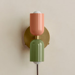 Up Down Plug-In Wall Sconce - Brass Canopy / Peach Upper Shade