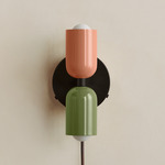 Up Down Plug-In Wall Sconce - Blackened Brass Canopy / Peach Upper Shade