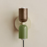 Up Down Plug-In Wall Sconce - Bone Canopy / Patina Brass Upper Shade
