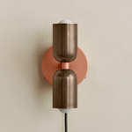 Up Down Plug-In Wall Sconce - Peach Canopy / Patina Brass Upper Shade