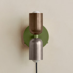 Up Down Plug-In Wall Sconce - Reed Green Canopy / Patina Brass Upper Shade