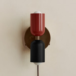 Up Down Plug-In Wall Sconce - Patina Brass Canopy / Oxide Red Upper Shade