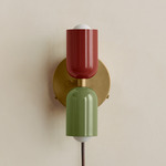 Up Down Plug-In Wall Sconce - Brass Canopy / Oxide Red Upper Shade