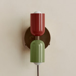 Up Down Plug-In Wall Sconce - Patina Brass Canopy / Oxide Red Upper Shade