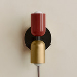 Up Down Plug-In Wall Sconce - Blackened Brass Canopy / Oxide Red Upper Shade