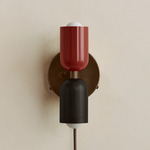Up Down Plug-In Wall Sconce - Patina Brass Canopy / Oxide Red Upper Shade