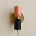 Up Down Plug-In Wall Sconce - Brass Canopy / Peach Upper Shade