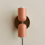 Up Down Plug-In Wall Sconce - Patina Brass Canopy / Peach Upper Shade