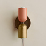 Up Down Plug-In Wall Sconce - Patina Brass Canopy / Peach Upper Shade