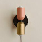 Up Down Plug-In Wall Sconce - Blackened Brass Canopy / Peach Upper Shade
