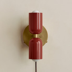 Up Down Plug-In Wall Sconce - Brass Canopy / Oxide Red Upper Shade