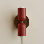 Up Down Plug-In Wall Sconce - Patina Brass Canopy / Oxide Red Upper Shade