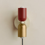 Up Down Plug-In Wall Sconce - Bone Canopy / Oxide Red Upper Shade