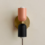 Up Down Plug-In Wall Sconce - Brass Canopy / Peach Upper Shade
