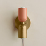 Up Down Plug-In Wall Sconce - Brass Canopy / Peach Upper Shade