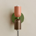 Up Down Plug-In Wall Sconce - Reed Green Canopy / Peach Upper Shade